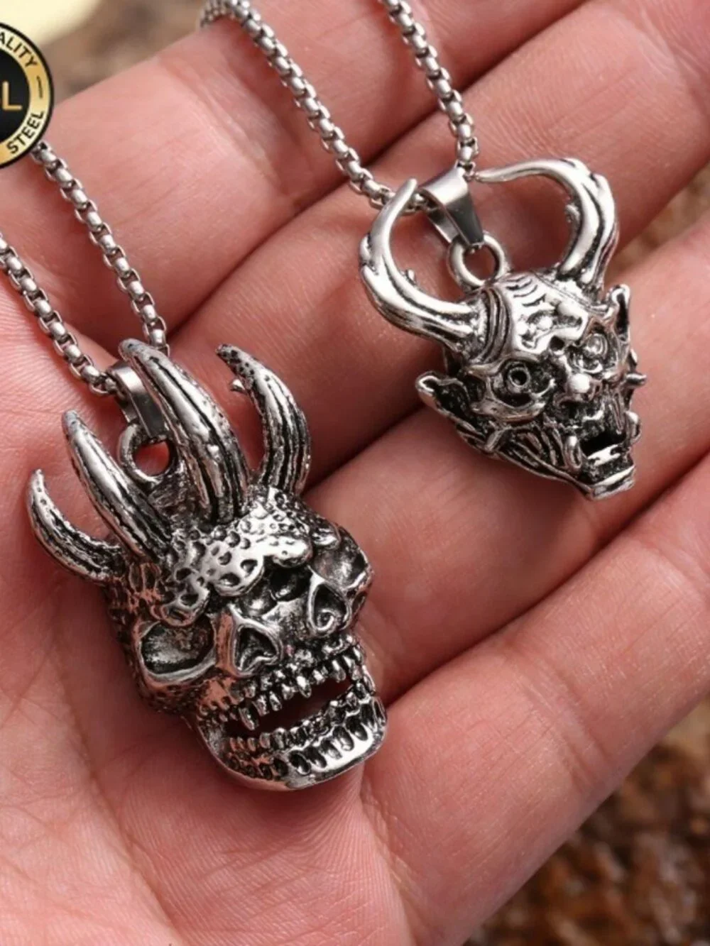 Mens 2pcs devil skull pendant necklace gothic hip hop set